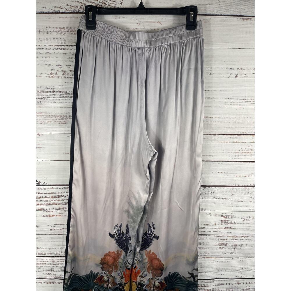 Caballero Pants Womens Size Small Gray Satin Wide Leg Floral Print Elastic Waist - Picture 7 of 9
